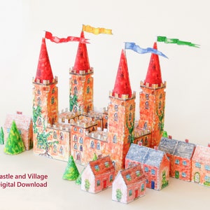 Kit de modelo de castelo para download instantâneo, chalés de vila em miniatura para impressão, download de casa de papel, peça central de mesa para festa no castelo, fortaleza DIY