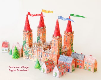 Instant Download Model Castle Kit, Printable Miniature Village Cottages, Download Paper House, Castle Party Table Centrepiece, DIY Fortress