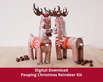 Pooping Christmas Reindeer Kit, Xmas Candy Dispenser, Party or Table Decoration, Digital Download Favor Box, DIY Paper Craft Model Making