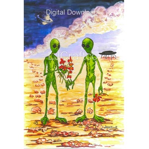 Extraterrestres en téléchargement numérique avec impression de fleurs, extraterrestre amoureux, peinture pour la Saint-Valentin ou une carte de mariage, oeuvre d'art de science-fiction à téléchargement immédiat