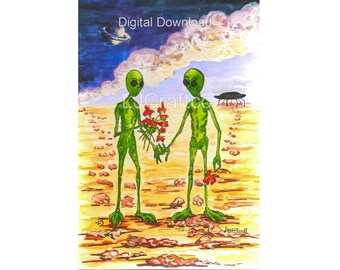 Aliens in Love Art Print: Sci-Fi Valentine's Day Card (Digital Download)