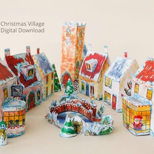Navidad Village Digital Descargar, Modelo Village Kit, Navidad Cottage Paper Ornaments, Descarga Instantánea Navidad Caramelo Favor Cajas