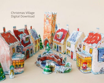 Village de Noël numérique en téléchargement, Village modèle Kit, décorations de Noël Cottage papier, Téléchargement instantané Noël bonbons boîtes