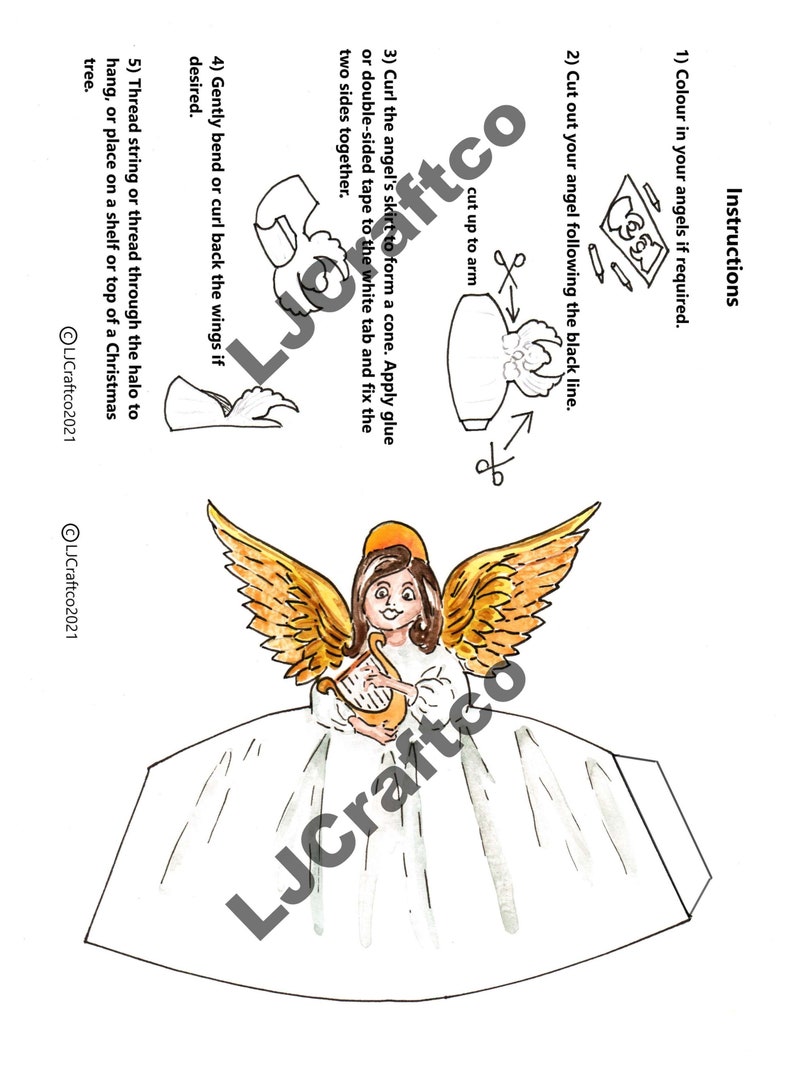 Digital Download Angel Decorations, DIY Christmas Angels, Print at Home Holiday Decor, Paper Angel Christmas Tree Topper, Make it Yourself image 4