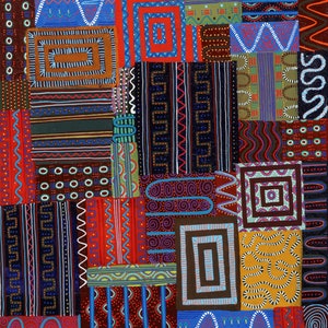 May include: Abstract painting with a patchwork design featuring geometric shapes and patterns in shades of blue, red, green, brown, and black.