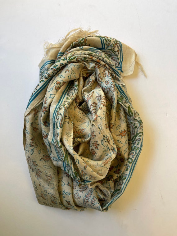 Cream scarf with floral block printed designs