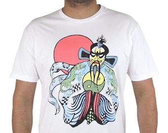 May include: White t-shirt with a colorful graphic print of a cartoon character with a red sun in the background.