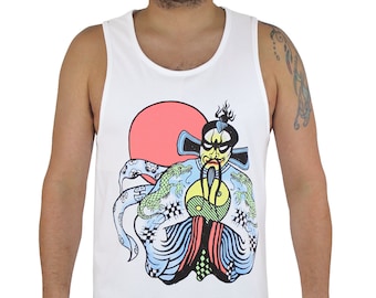 May include: White tank top with a colorful graphic print of a cartoon character with a red sun behind it.