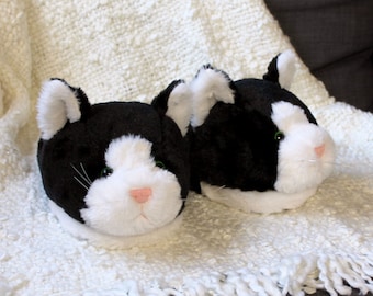 Black and White Kitty Slippers | Fuzzy Tuxedo Cat Slippers | One Size Fits Most