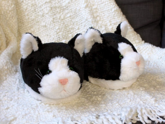 implicitte Lærerens dag Indvending Black and White Kitty Slippers Fuzzy Tuxedo Cat Slippers - Etsy