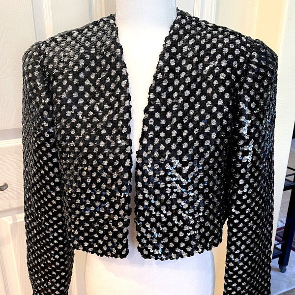 Stunning Vintage Mario Forte for After Five Black Sequin and Silver Metallic Thread Bolero Jacket / Evening Jacket