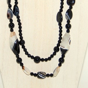 Beautiful Multi-strand Black and White Druzy Agate Gemstone Necklace with Sterling Silver Clasp