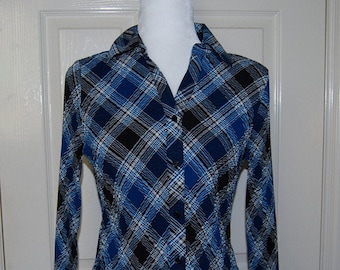 Vintage 90's Women's Plaid Blouse with Flaired Sleeves - Size PM