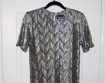 Vintage Notations Women's Silver Gray Metallic Crinkle Blouse / Textured / Made in USA / Shell / Wedding / Evening / Size Medium