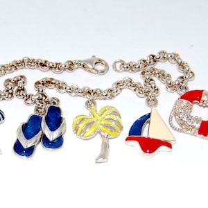 Vintage Sterling Silver Tropical Theme Charm Bracelet / Beach Theme / Sterling Silver Enamel Charms / Great for Gift