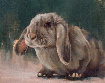 May include: A detailed painting of a lop-eared rabbit with soft, brown fur. The rabbit is depicted in a seated position, with its long ears hanging down. The background is a muted green, creating a contrast with the rabbit's fur.