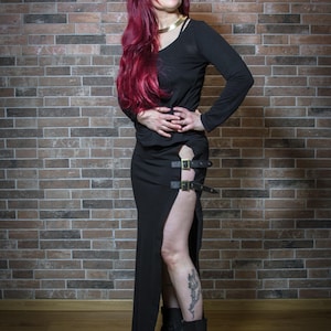 Black Maxi Gothic Skirt with Buckles, Side Open Festival Skirt