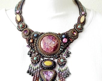 Statement necklace, bead embroided necklace, bib necklace, fringed necklace, holiday necklace, purple necklace, fringe necklace, OOAK.