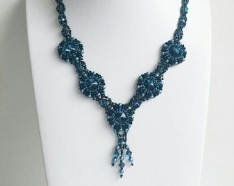 Bib necklace, Swarovski necklace, statement necklace, holiday jewelry, victorian, black, blue,chic, beaded necklace.