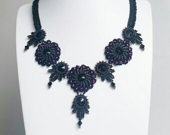 Cocktail necklace, black purple elegant necklace, holiday jewelry, statement necklace, Swarovski, bib necklace, Victorian necklace.