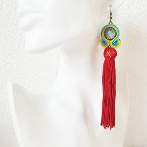 Long earrings, red earrings, statement earrings, tassel earrings, bead embroided earrings, handmade earrings, party earrings.