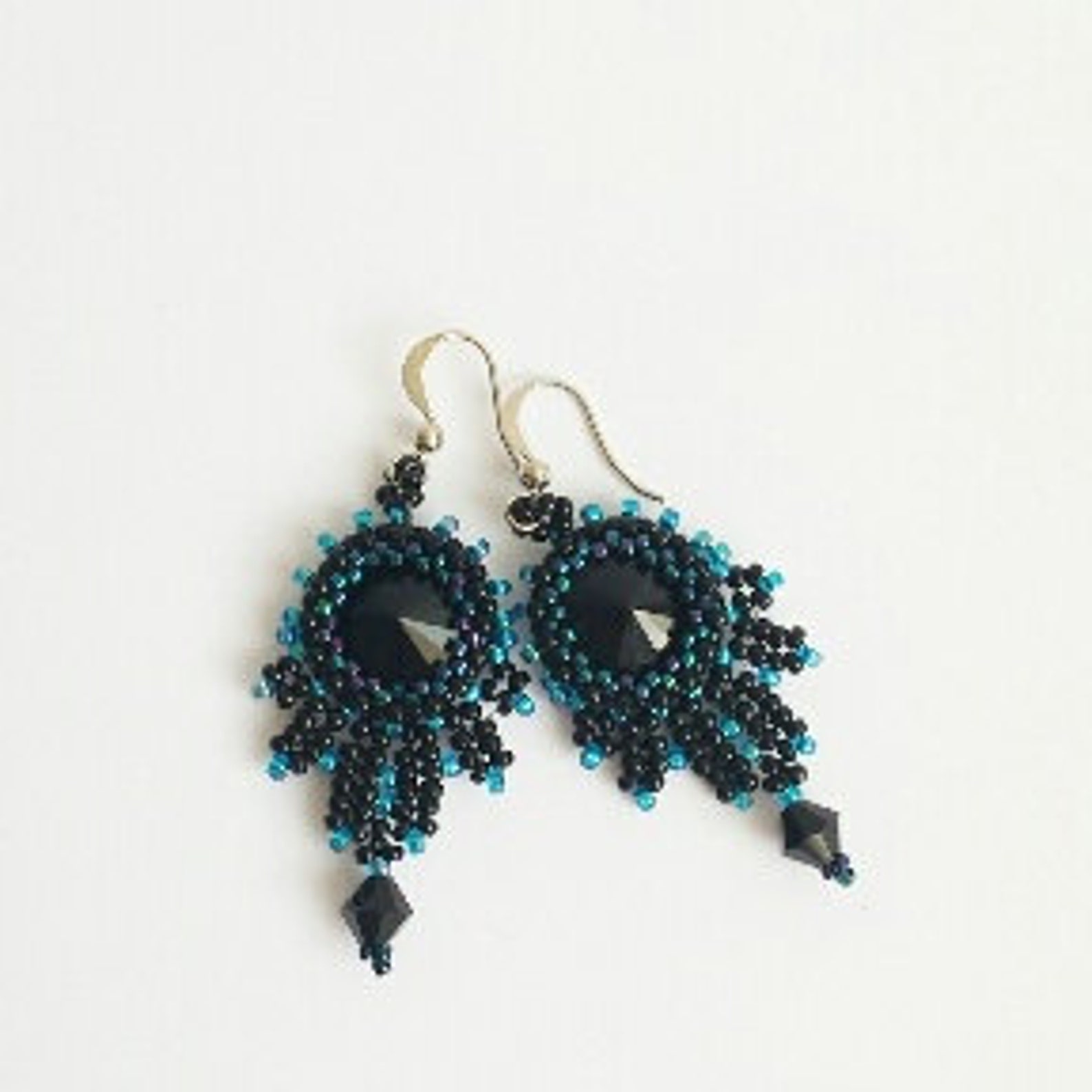 Black and blue earrings, statement beaded earrings, handmade jewelry