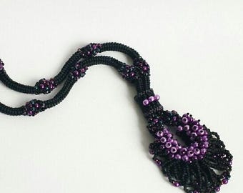 Statement necklace, Victorian necklace, fringed cocktail necklace,  beaded necklace, purple, pink, black, elegant, handmade jewellery.