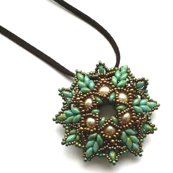 Bead embroidery pendant, necklace, turquoise pendant,cream, brown suede lace, elegant,  gift, brass coloured clasp, ellad2 pattern.