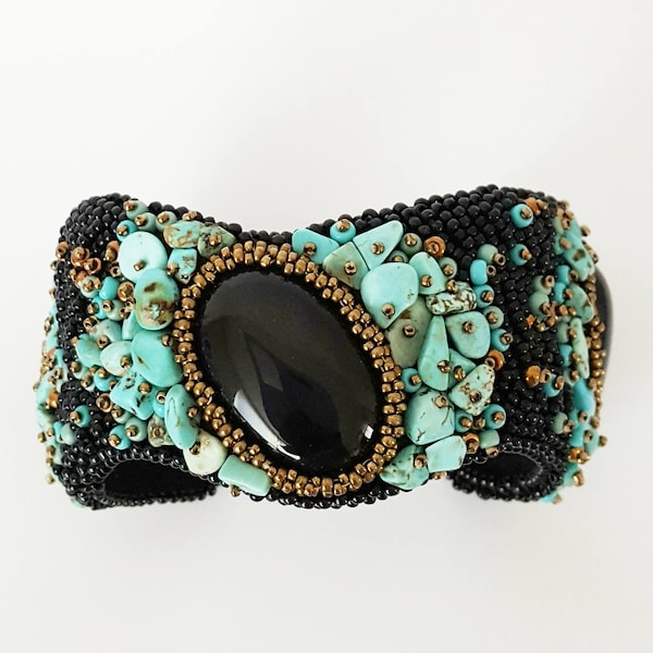 Cuff bracelet, statement bracelet, beaded bracelet, turquoise bracelet, cabochon bracelet, gift,  black bracelet, bead embroidery, handmade.