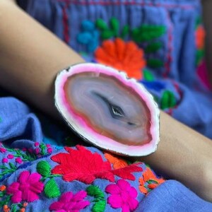 Agate Slice Cuff Bracelet, Natural Geode Porcelain Statement Cuff, Pink Druzy Stone Wide Bracelet, Boho Adjustable Wearable Art, Gift for