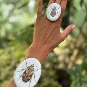 Könnte beinhalten: Ovales Schmuckset mit Käfermotiv. Das Set beinhaltet einen Ring und ein Armband, beide mit weißem Hintergrund und einer detaillierten Insektenillustration in Braun-, Rosa- und Grüntönen. Der Schmuck wird vor einem verschwommenen grünen Hintergrund präsentiert.