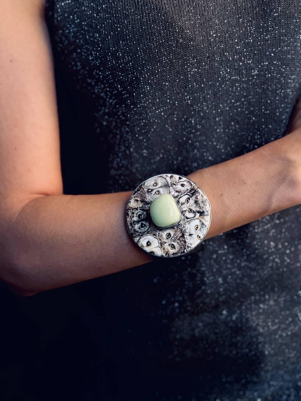 Handcrafted Agate Bracelet, Owl Bracelet, wide cuff bracelet, Dark Academia style, Mystical Wearable