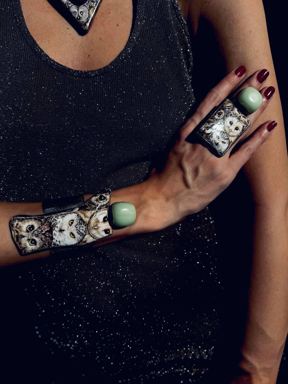 Handmade Agate Bracelet, Owl Bracelet, wide cuff bracelet, Dark Academia style, Mystical Wearable Ar