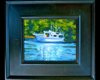 Premium Original Oil Painting Fishing Boat Sunlight Water Blues & Greens Framed