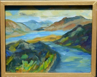 Flowing River Mountain Ranges Original Oil Painting Multi-color Framed