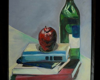 Graduation Original Oil Painting Wine Apple Books Gift Student