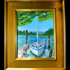 Sailing on the Bay Original Oil Painting Relax at the Marina Dock Summer Fun