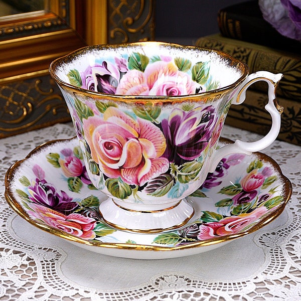 Gorgeous AMETHYST Royal Albert Tea Cup and Saucer, Summer Bounty Series with Huge Pink, Purple and Lavender Cabbage Roses, England, 1970s