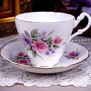 Pretty Royal Ascot Tea Cup and Saucer, Pink Roses, Lavender Flowers, Sadler Teapot Pattern, Gold Trim, Made in England, Gift for Her, 1950s