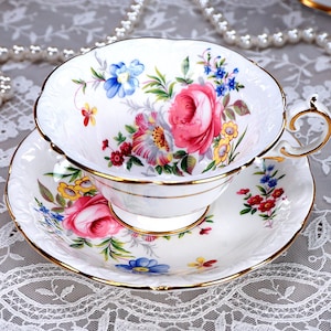 Elegant Paragon DOVEDALE Tea Cup and Saucer, Rare Flared Edge Teacup, Floral Rose Bouquet, Wedding Gift, Warranted, Made in England, 1950s