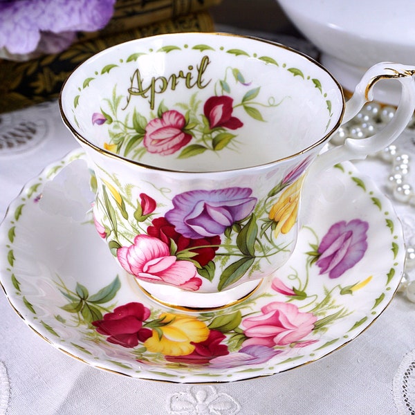 Royal Albert Tea Cup and Saucer, APRIL SWEET PEA, Pink, Purple, Yellow, Lavender, Footed Cup, Montrose Shape, Made in England, 1970