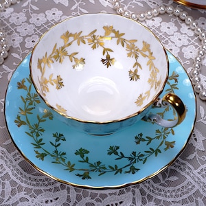 Gorgeous AYNSLEY Tea Cup and Saucer, Teal Blue, Mint Green, Trailing Gold Gilt Flowers, English Bone China, Antique Crown Logo, 1939-1950s