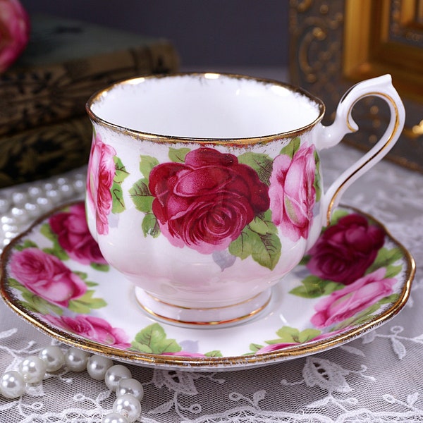 Royal Albert OLD ENGLISH ROSE Tea Cup and Saucer, Hampton Shape, Red and Pink Rose Floral, Gold Gilt Trim, English Bone China, 40s-60s