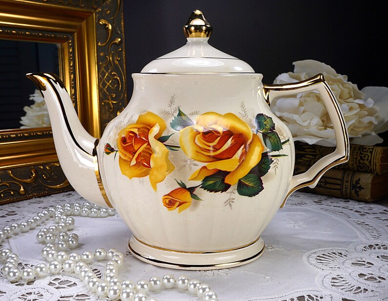Sadler Teapot with Yellow Roses Ribbed Ivory TeaPot Cottage Etsy