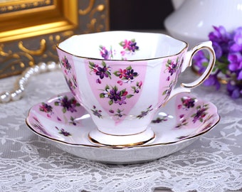 Royal Albert SERENITY Debutante Series Tea Cup and Saucer, Malverne Shape, Raspberry Pink, Purple and White Floral, English Bone, 1966-70s