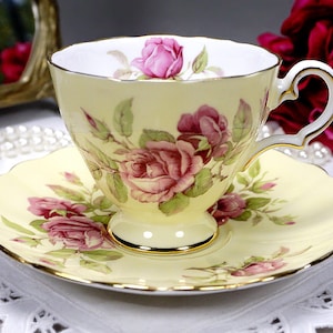 Grosvenor Yellow Tea Cup and Saucer, Teacup Set, Large Pink Cabbage Roses, English Bone China, Fancy Handle, Made in England, 1950s