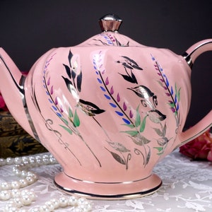 Sadler Swirl Raspberry Pink Teapot, Silver Leaves and Trim, Blue and Purple Flowers, Full Size, Made in England, 1930s NEAR MINT COND 1930Ss