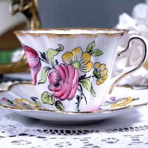 Vintage Tea Cup and Saucer, Rosina English Bone China, Made in England, Pink and Yellow Flowers, Floral Tea Cup Set, Fluted, Scalloped, 1952