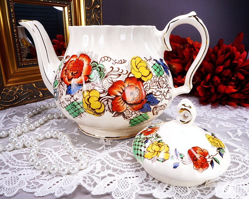 ROSE GARDEN Sadler Swirl Teapot Fall Colors Gold Etsy