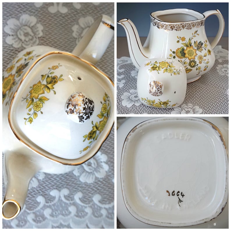 Vintage Sadler Teapot Yellow Floral on Ivory Full Size Etsy